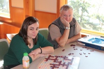 Dennis and I working on that Scrabble puzzle, started by Jeff about Cama.